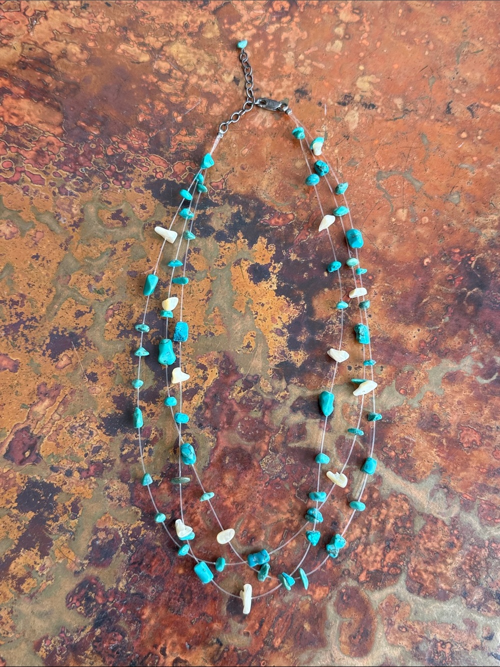 Triple Strand Turquoise Chip Necklace w/ White Shell Accents 18” w/ 2” Extender